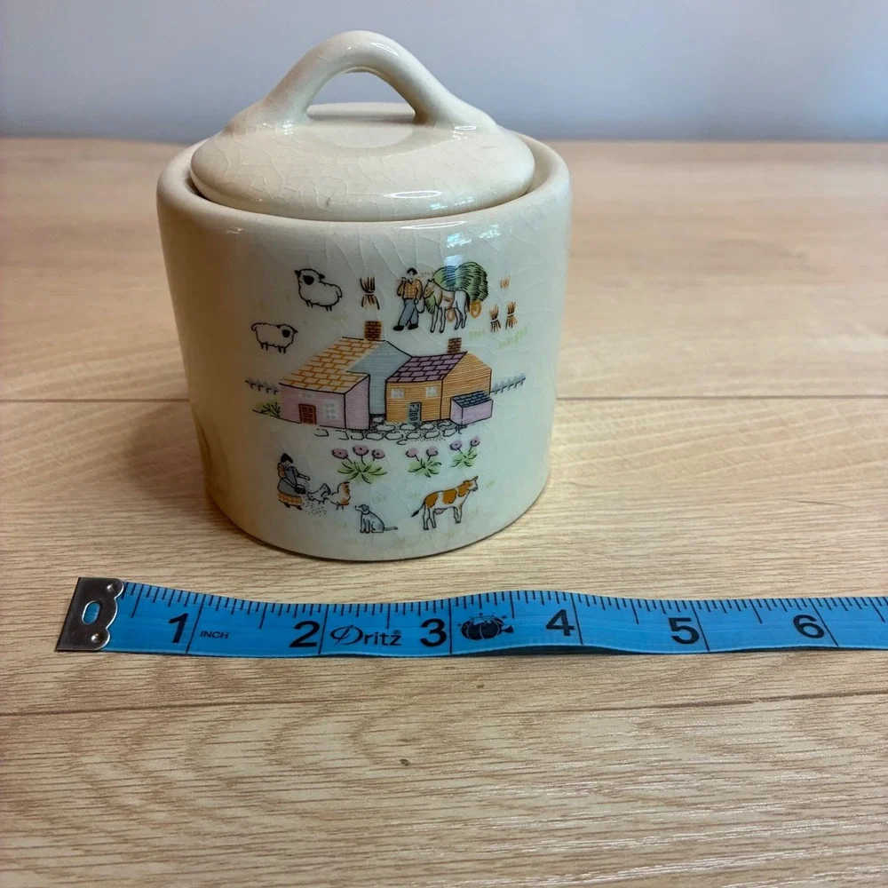 Vintage Folk Art Farm Scene Ceramic Sugar Bowl Canister with Lid Cream Crazed